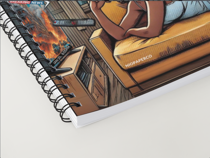 Niopaper Notebook with a comic-style cover featuring a person on a couch and a fire.