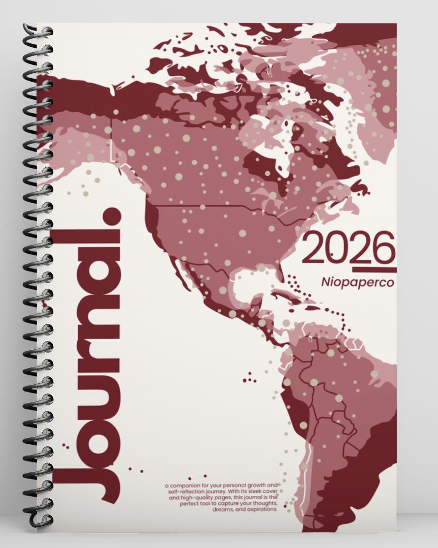 NiopapercoNotebook with world map design and 'Journal' branding on a white background