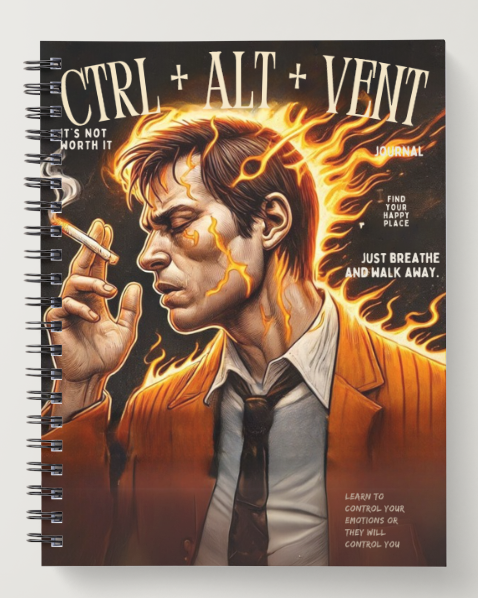 Notebook cover with a stylized illustration of a person smoking, flames, and text on a white background