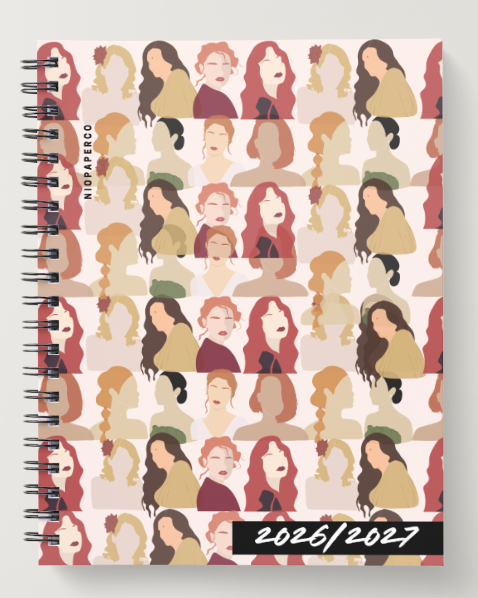 Niopaperco Notebook with a pattern of various women faces on the cover, titled '2026/2027'.