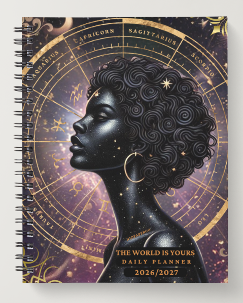Niopaper Planner with a design of a woman's face and zodiac symbols on a purple background
