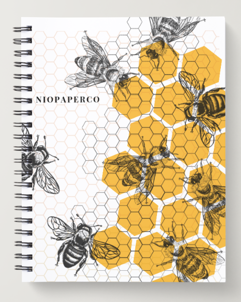 Niopaper Notebook with bee and honeycomb pattern on a white background