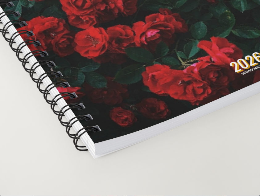 Niopaper Spiral-bound notebook with red rose pattern and '2023' text on a white background