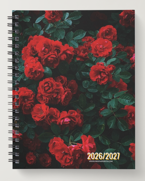 Niopaper Notebook with red floral design and '2026/2027' on a white background