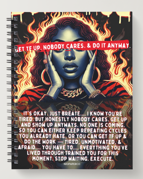 Niopaperco Notebook with a motivational design featuring a person with flames and text on the cover.