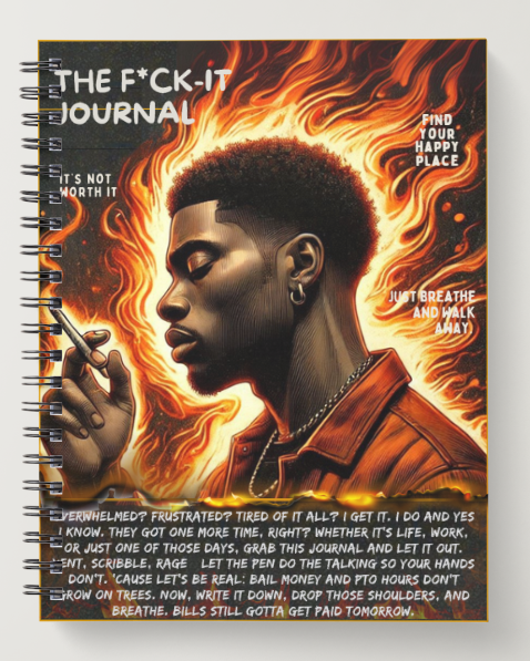 Niopaperco Journal with a fiery design and text on the cover