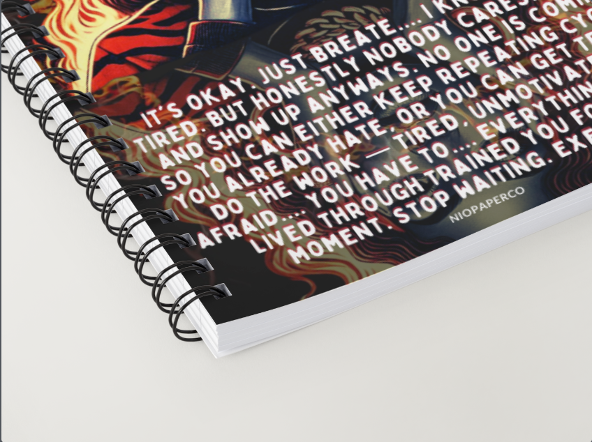 Niopaperco Notebook with motivational text and colorful design on a white surface