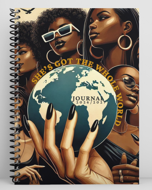 Niopaper Notebook with a design of three women holding a world map on a white background