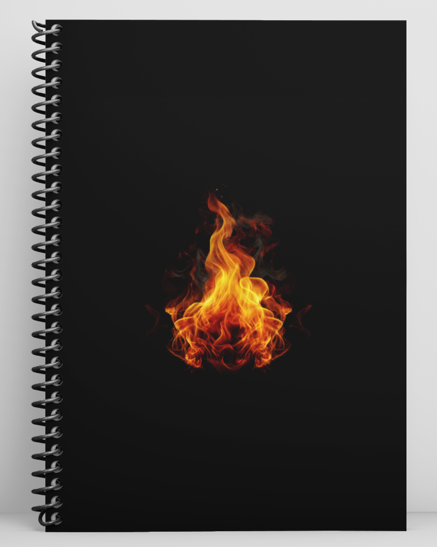 Niopaperco Black notebook with a flame design on a white background