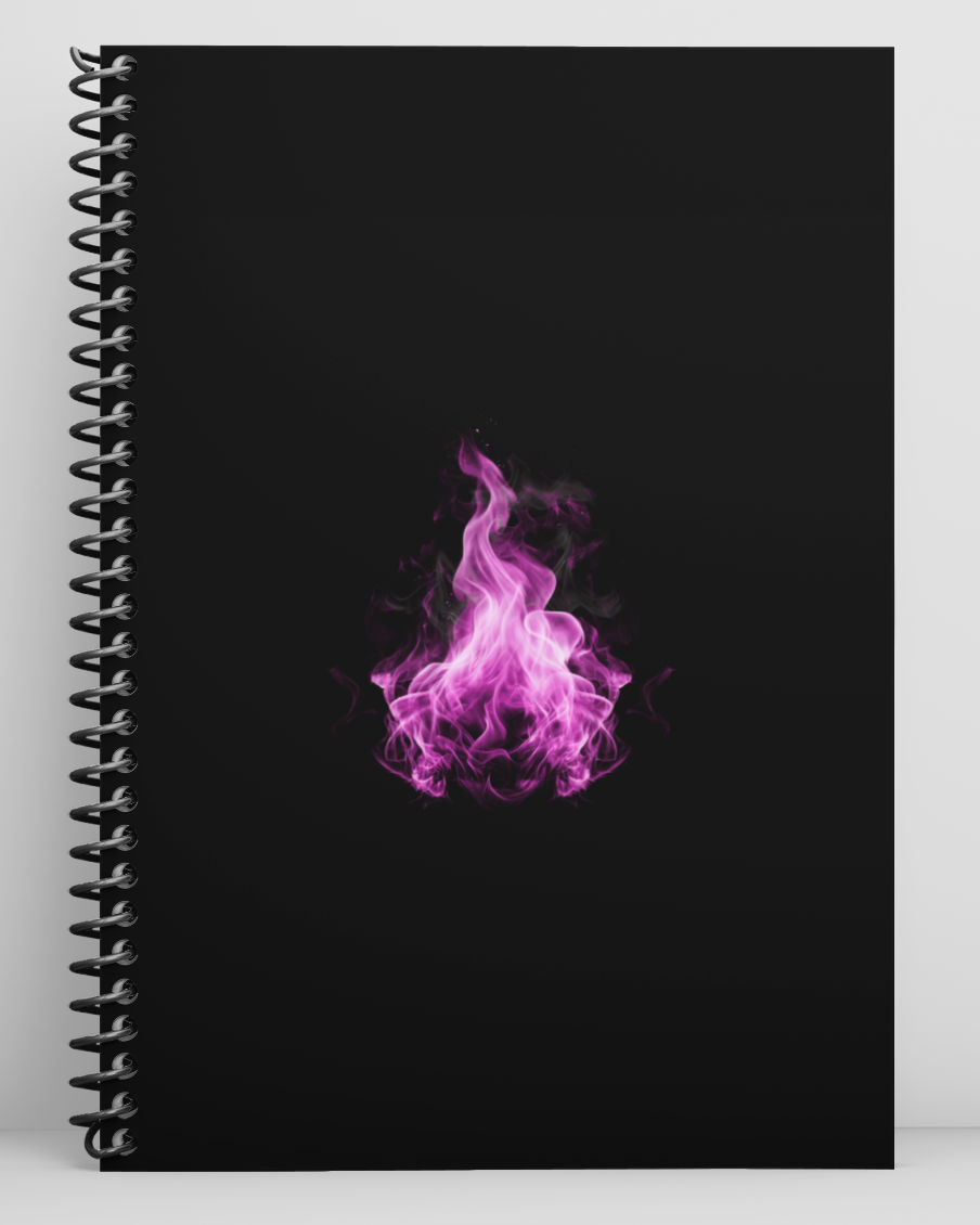 Niopaperco Black notebook with a purple flame design on a white background