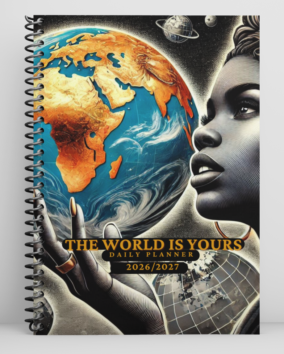 Niopaper Notebook with a design of a world map and a person's face, titled 'The World is Yours'.